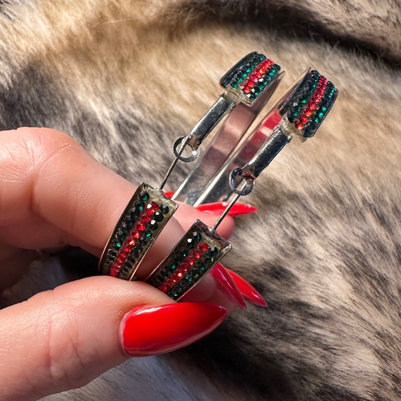 Festive Crystal Rhinestone Silver Tone Hoop Earrings - Picture 4 of 5